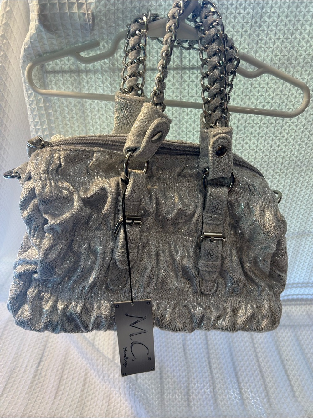White. Metallic - Silver Chain-Handle Women’s Satchel M.C. Handbags